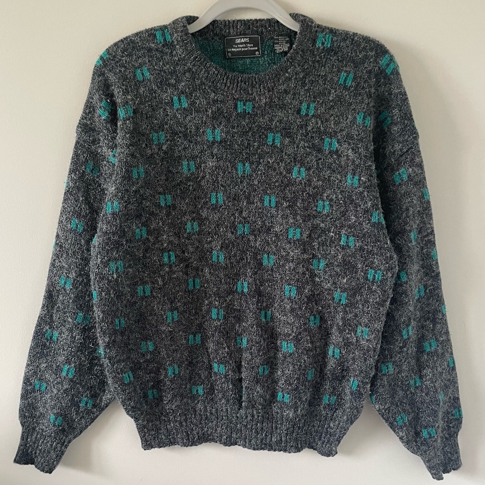 Retro Sears 90s Geometric Knit Sweater - Vintage - Grey with Green Rectangles